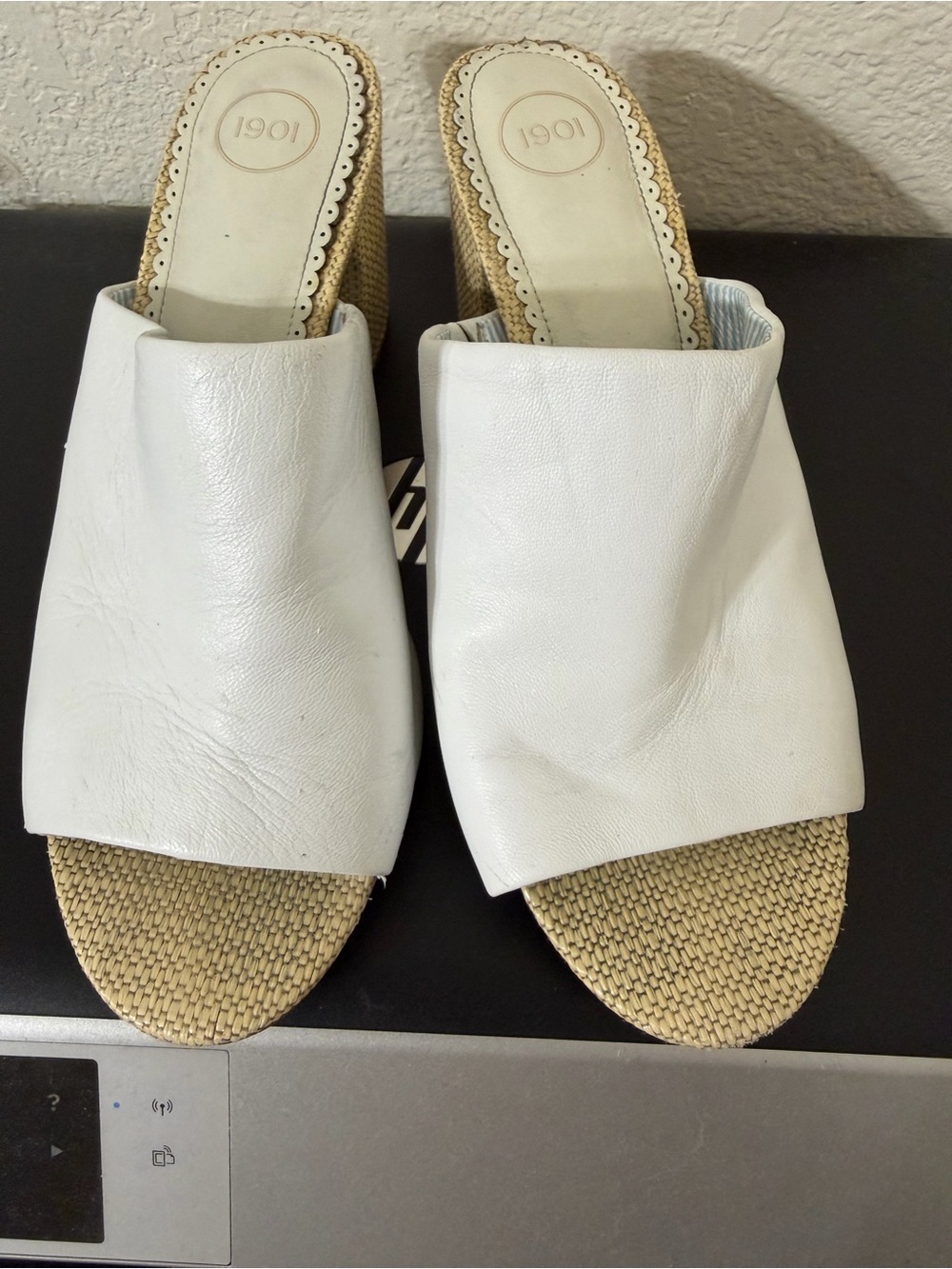 1901 white mules leather straw block heels size 10